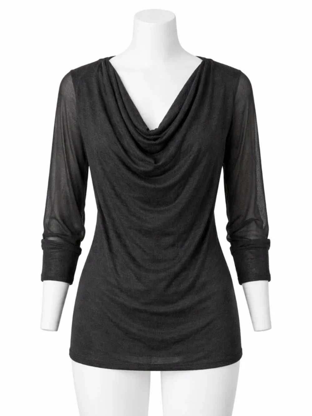 Red Haute Draped Cowl Neck Top M Sheer Sleeve Charcoal Gray Blouse - Picture 2 of 6
